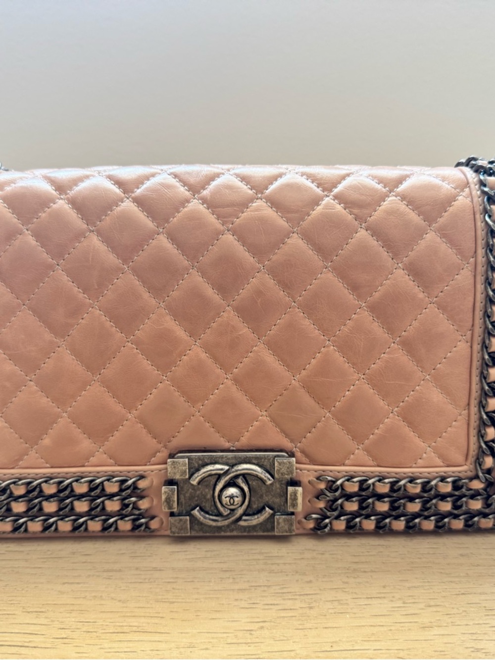 CHANEL Quilted Boy Flap Crossbody - beige calfskin with Aged Silver Hardware